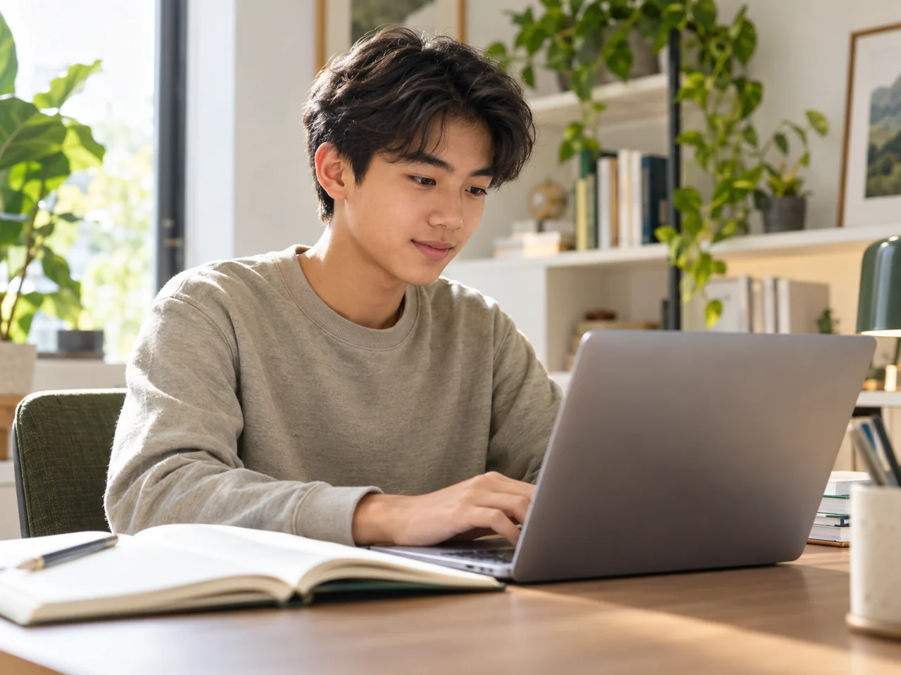 学生在家使用电脑与笔记本学习的示意图片